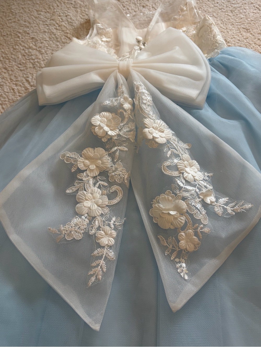 Azazie White and Light Blue Floral Appliqué Tulle Dress for Girls Flower Girl - Picture 13 of 16